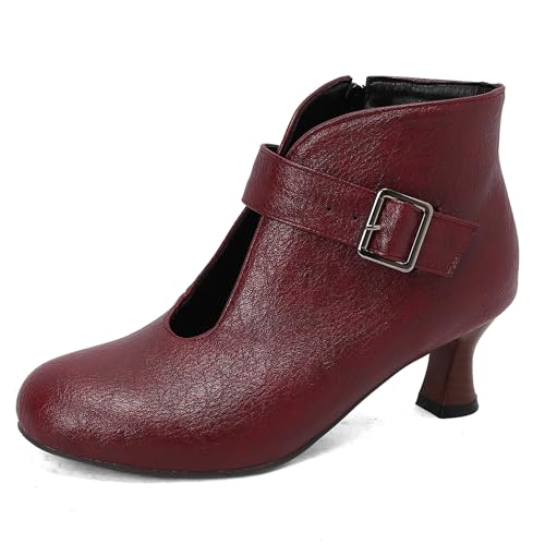 Gicoiz Damen Runde Zehen Kitten Stiefel Chelsea Motorradstiefel Sommer Schnüren Mesh Ankle Stiefeletten Strappy Gladiator Winter Brogue Chukka Rotwein Gr 33 EU von Gicoiz