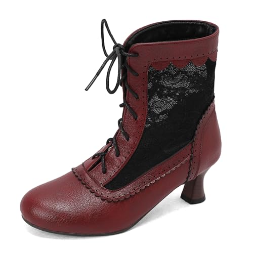 Gicoiz Damen Runde Zehen Kitten Stiefel Chelsea Motorradstiefel Sommer Schnüren Mesh Ankle Stiefeletten Strappy Gladiator Winter Brogue Chukka Rotwein Gr 34 EU von Gicoiz