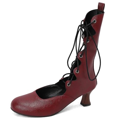 Gicoiz Damen Runde Zehen Kitten Stiefel Chelsea Motorradstiefel Sommer Schnüren Mesh Ankle Stiefeletten Strappy Gladiator Winter Brogue Chukka Rotwein Gr 37 EU-38Cn von Gicoiz