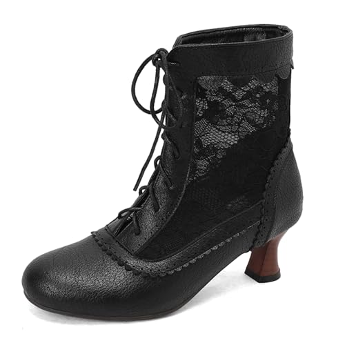 Gicoiz Damen Runde Zehen Kitten Stiefel Chelsea Motorradstiefel Sommer Schnüren Mesh Ankle Stiefeletten Strappy Gladiator Winter Brogue Chukka Schwarz Gr 37 EU-38Cn von Gicoiz