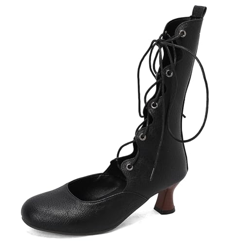 Gicoiz Damen Runde Zehen Kitten Stiefel Chelsea Motorradstiefel Sommer Schnüren Mesh Ankle Stiefeletten Strappy Gladiator Winter Brogue Chukka Schwarz Gr 44 EU-46Cn von Gicoiz