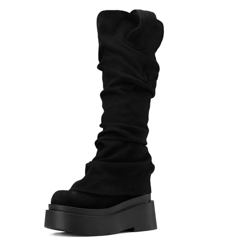 Gicoiz Damen Runde Zehen Knee High Slouch Plateau Stiefel Keilabsatz Plateau Ohne Verschluss Schnalle Equestrian Stylish Winterstiefel Retro Schwarz Gr 40 EU-41Cn von Gicoiz