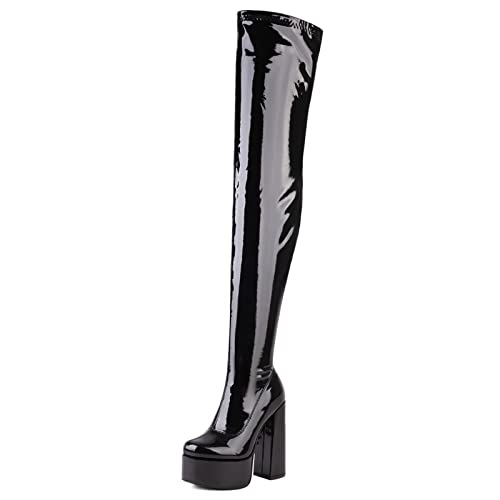 Gicoiz Damen Runde Zehen Lack Chunky Heel Stretch Stiefel Plateau Abend Mode Hohen Blockabsatz Party Overknees Stiefel Schwarz-Lack/Overknees Gr 37 EU-38Cn von Gicoiz