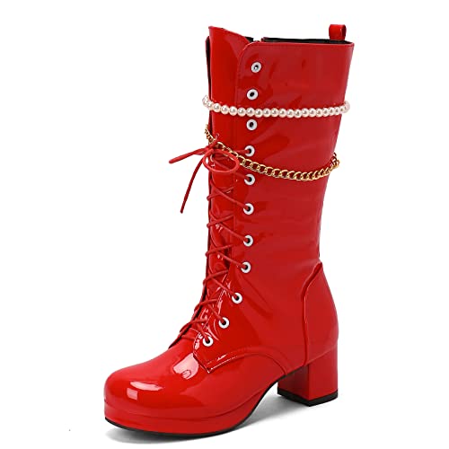 Gicoiz Damen Runde Zehen Lack Militarstiefel Schnüren Ketten Winter Mode Blockabsatz Stiefel Party Plateau Biker Stiefeletten Zip Rot Gr 40 EU-41Cn von Gicoiz