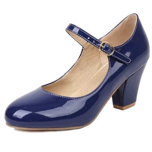 Gicoiz Damen Runde Zehen Mary Jane Lack Knöchelriemchen Pumps Bride Hochzeit Formal Closed Block High Schuhe Prom Party Schuhe Blau Gr 36.5 EU-37Cn von Gicoiz