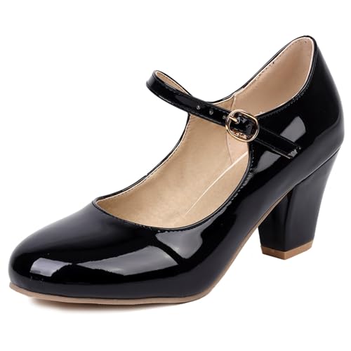 Gicoiz Damen Runde Zehen Mary Jane Lack Knöchelriemchen Pumps Bride Hochzeit Formal Closed Block High Schuhe Prom Party Schuhe Schwarz Gr 42 EU-44Cn von Gicoiz