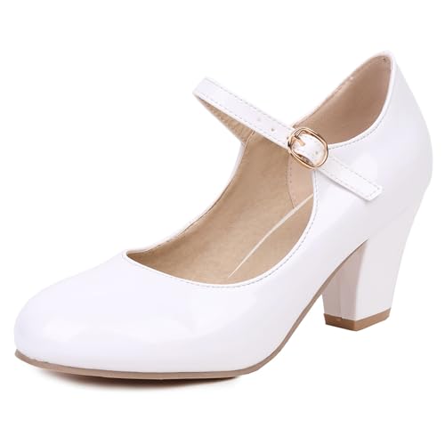 Gicoiz Damen Runde Zehen Mary Jane Lack Knöchelriemchen Pumps Bride Hochzeit Formal Closed Block High Schuhe Prom Party Schuhe Weiß Gr 38 EU-39Cn von Gicoiz