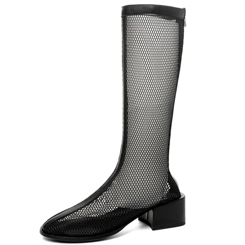 Gicoiz Damen Runde Zehen Mode Knee High Mesh Stiefel Sommer Blockabsatz Party Elegant Zip Riding Booty Hollow Out Schwarz Gr 41 EU-43Cn von Gicoiz