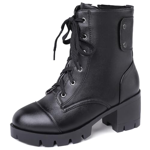 Gicoiz Damen Runde Zehen Mode Plateau Combat Militarstiefel Klassische Chunky Blockabsatz Stiefel Winter Warm Chelsea Chukka Ankle Stiefeletten Schwarz Gr 41 EU-43Cn von Gicoiz