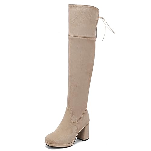 Gicoiz Damen Runde Zehen Overknees Party Blockabsatz Stiefel Pelzgefüttert Winter Warm Plateau Equestrian Party Hochzeit Kleid Stretch Stiefeletten Aprikose Gr 39 EU-40Cn von Gicoiz