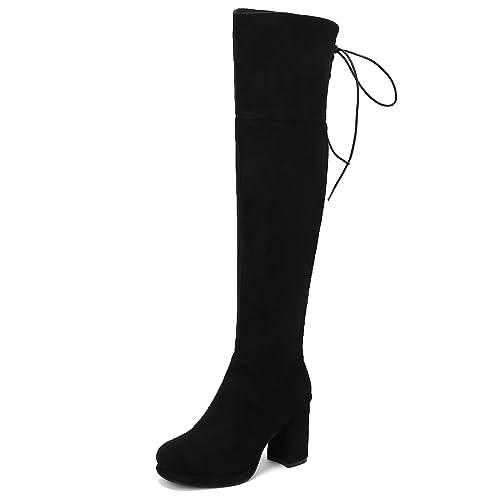 Gicoiz Damen Runde Zehen Overknees Party Blockabsatz Stiefel Pelzgefüttert Winter Warm Plateau Equestrian Party Hochzeit Kleid Stretch Stiefeletten Schwarz Gr 40.5 EU-42Cn von Gicoiz