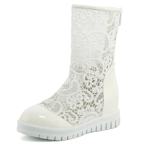Gicoiz Damen Runde Zehen Plateau Keilabsatz Halbschaft Mesh Stiefel Mode Chelsea Hochzeit Komfort Zip Riding Booty Weiß Gr 38 EU-39Cn von Gicoiz