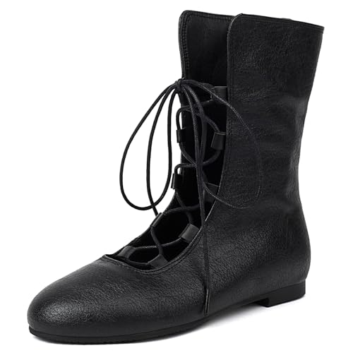 Gicoiz Damen Schnüren Komfort Runde Zehen Vinatge Flach Mokassin Stiefel Winter Leisure Walking Strappy Gladiator Romisch Stiefeletten Schwarz Gr 42 EU-44Cn von Gicoiz