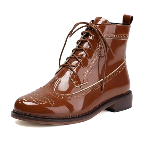 Gicoiz Damen Schnüren Winter Lack Military Brogue Stiefel Komfort Mitte Blockabsatz Zip Chukka Ankle Stiefeletten Buro Runde Zehen Braun Gr 46 EU-48Cn von Gicoiz