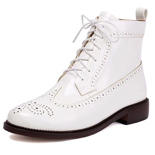 Gicoiz Damen Schnüren Winter Lack Military Brogue Stiefel Komfort Mitte Blockabsatz Zip Chukka Ankle Stiefeletten Buro Runde Zehen Weiß Gr 37 EU-38Cn von Gicoiz