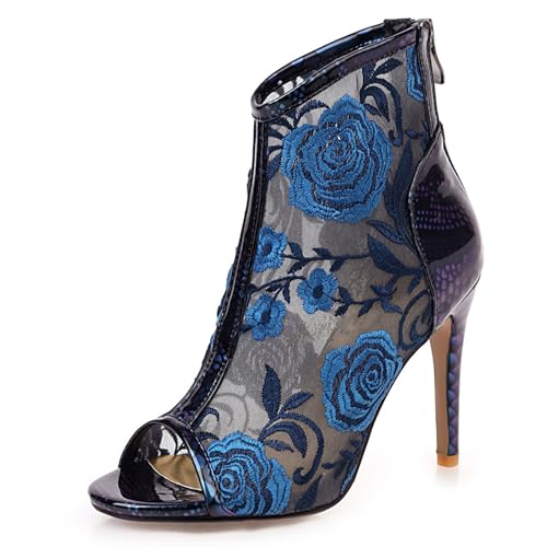 Gicoiz Damen Sommer Bestickt Stiletto Mittelhohe Stiefel Elegant Stiefeletten Zip Hochzeit Peep Toe Schnüren Pointed Toe Mesh Stiefeletten Blau Gr 34 EU von Gicoiz