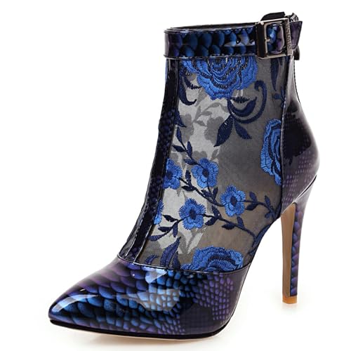 Gicoiz Damen Sommer Bestickt Stiletto Mittelhohe Stiefel Elegant Stiefeletten Zip Hochzeit Peep Toe Schnüren Pointed Toe Mesh Stiefeletten Blau Gr 35 EU von Gicoiz