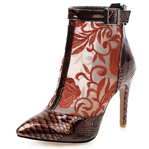 Gicoiz Damen Sommer Bestickt Stiletto Mittelhohe Stiefel Elegant Stiefeletten Zip Hochzeit Peep Toe Schnüren Pointed Toe Mesh Stiefeletten Gelb Gr 40.5 EU-42Cn von Gicoiz