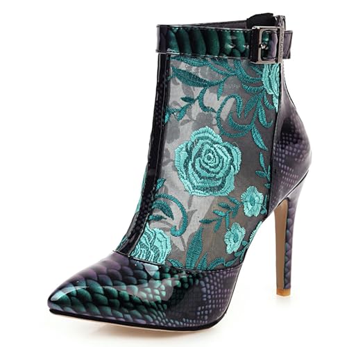 Gicoiz Damen Sommer Bestickt Stiletto Mittelhohe Stiefel Elegant Stiefeletten Zip Hochzeit Peep Toe Schnüren Pointed Toe Mesh Stiefeletten Grün Gr 36.5 EU-37Cn von Gicoiz