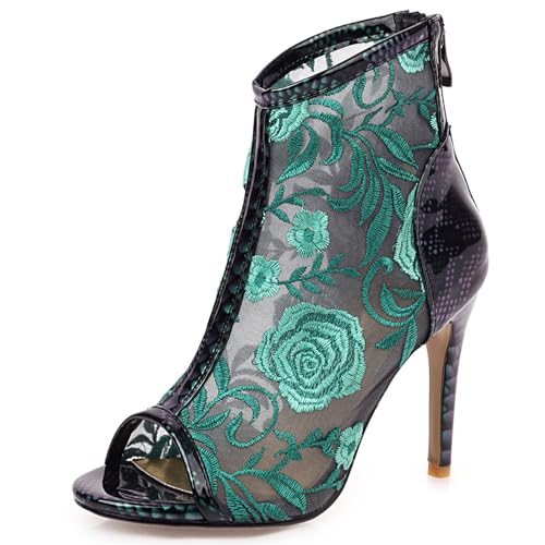 Gicoiz Damen Sommer Bestickt Stiletto Mittelhohe Stiefel Elegant Stiefeletten Zip Hochzeit Peep Toe Schnüren Pointed Toe Mesh Stiefeletten Grün Gr 38 EU-39Cn von Gicoiz