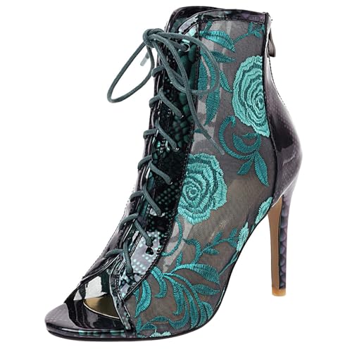 Gicoiz Damen Sommer Bestickt Stiletto Mittelhohe Stiefel Elegant Stiefeletten Zip Hochzeit Peep Toe Schnüren Pointed Toe Mesh Stiefeletten Grün Gr 41 EU-43Cn von Gicoiz
