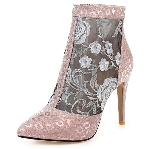 Gicoiz Damen Sommer Bestickt Stiletto Mittelhohe Stiefel Elegant Stiefeletten Zip Hochzeit Peep Toe Schnüren Pointed Toe Mesh Stiefeletten Pink Gr 42 EU-44Cn von Gicoiz