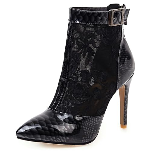 Gicoiz Damen Sommer Bestickt Stiletto Mittelhohe Stiefel Elegant Stiefeletten Zip Hochzeit Peep Toe Schnüren Pointed Toe Mesh Stiefeletten Schwarz Gr 35 EU von Gicoiz