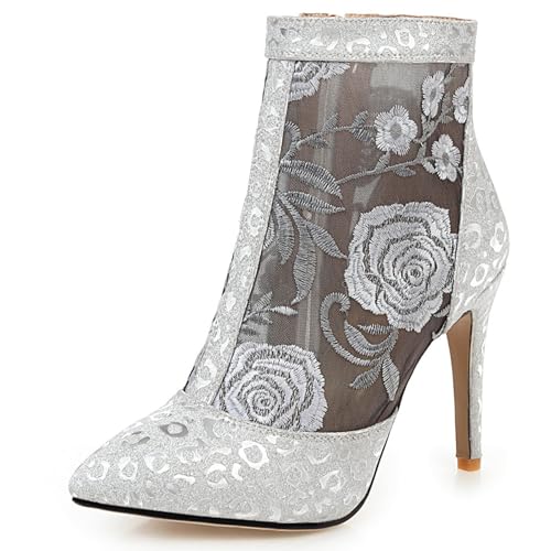 Gicoiz Damen Sommer Bestickt Stiletto Mittelhohe Stiefel Elegant Stiefeletten Zip Hochzeit Peep Toe Schnüren Pointed Toe Mesh Stiefeletten Silber Gr 39 EU-40Cn von Gicoiz