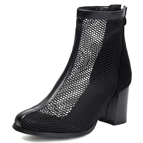Gicoiz Damen Sommer Buro Runde Zehen Blockabsatz Stiefeletten Komfort Abend Hollow Out Mesh Stiefeletten Elegant Chunky Schwarz Gr 35 EU von Gicoiz