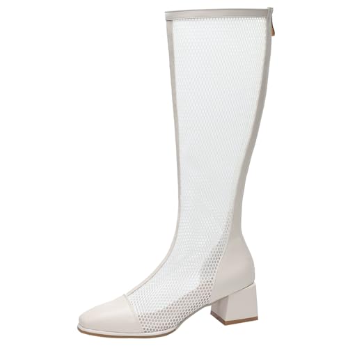 Gicoiz Damen Sommer Elegant Knee High Mesh Stiefel Reißverschluss Square Toe Party Mode Blockabsatz Hollow Out Riding Booty Beige Gr 32 EU von Gicoiz