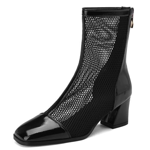 Gicoiz Damen Sommer Elegant Knee High Mesh Stiefel Reißverschluss Square Toe Party Mode Blockabsatz Hollow Out Riding Booty Schwarz-Ankle/5Cm Gr 36.5 EU-37Cn von Gicoiz