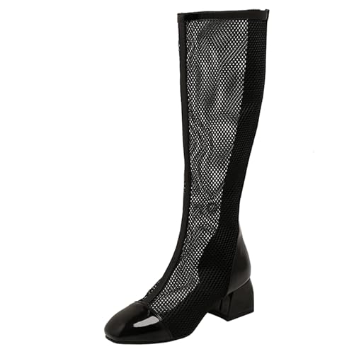 Gicoiz Damen Sommer Elegant Knee High Mesh Stiefel Reißverschluss Square Toe Party Mode Blockabsatz Hollow Out Riding Booty Schwarz Gr 40.5 EU-42Cn von Gicoiz
