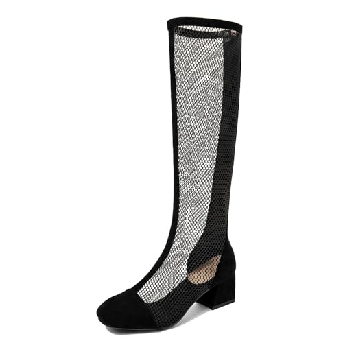 Gicoiz Damen Sommer Elegant Knee High Mesh Stiefel Reißverschluss Square Toe Party Mode Blockabsatz Hollow Out Riding Booty Schwarz Gr 41 EU-43Cn von Gicoiz