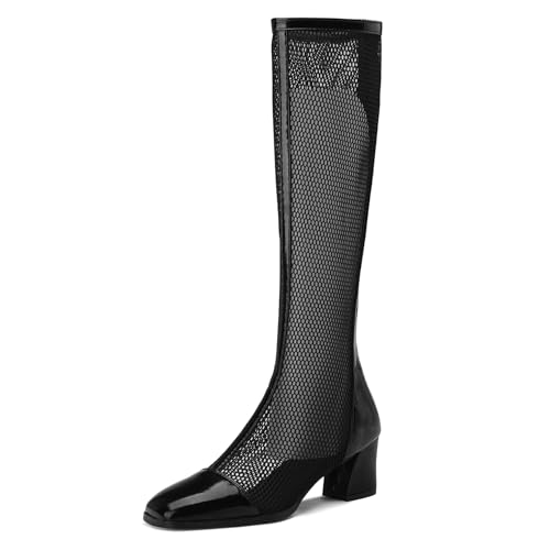 Gicoiz Damen Sommer Elegant Knee High Mesh Stiefel Reißverschluss Square Toe Party Mode Blockabsatz Hollow Out Riding Booty Schwarz-Knee/5Cm Gr 36.5 EU-37Cn von Gicoiz