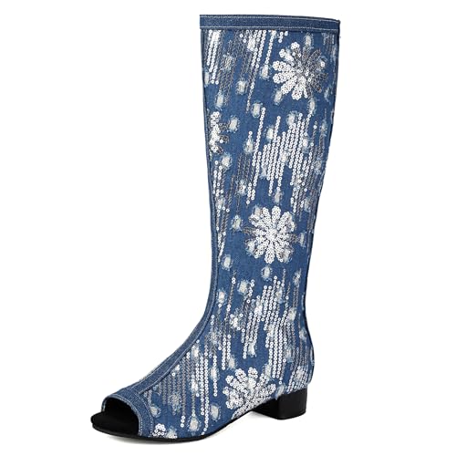 Gicoiz Damen Sommer Hochzeit Pailletten Peep Toe Kniehohe Stiefel Atmungsaktiv Mode Low Blockabsatz Zip Mesh Booty Dark-Blau Gr 36 EU Gicoiz Damen Sommer Hochzeit Pailletten Peep Toe Kniehohe Stiefel Atmungsaktiv Mode Low Blockabsatz Zip Mesh Booty Dark-Blau Gr 36 EU von Gicoiz