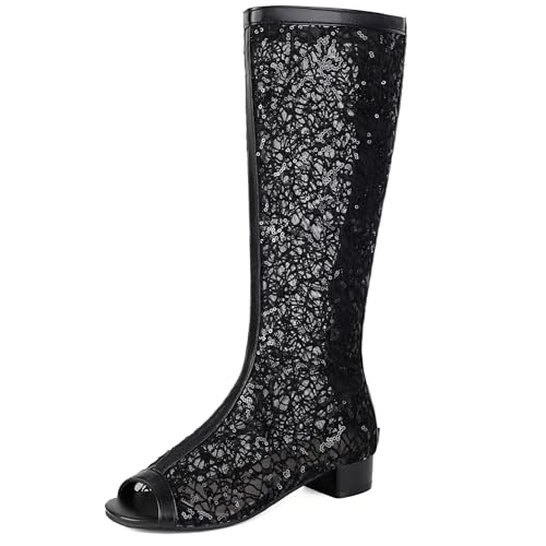 Gicoiz Damen Sommer Hochzeit Pailletten Peep Toe Kniehohe Stiefel Atmungsaktiv Mode Low Blockabsatz Zip Mesh Booty Schwarz Gr 44 EU-46Cn von Gicoiz