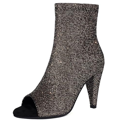 Gicoiz Damen Sommer Hochzeit Stiletto Peep Toe Stiefeletten Abend Mode Höhe Ferse Reißverschluss Elegant Bride Glitzer Stiefeletten Gold Gr 44 EU-46Cn von Gicoiz