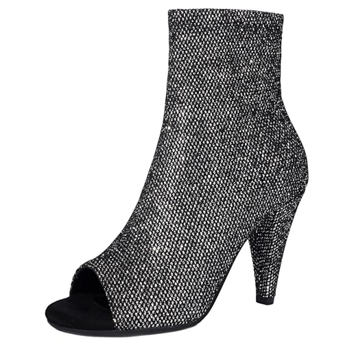 Gicoiz Damen Sommer Hochzeit Stiletto Peep Toe Stiefeletten Abend Mode Höhe Ferse Reißverschluss Elegant Bride Glitzer Stiefeletten Grau Gr 38 EU-39Cn von Gicoiz