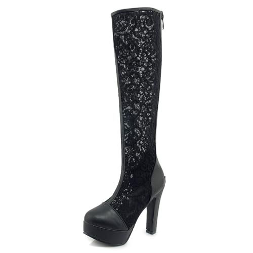 Gicoiz Damen Sommer Höhe Ferse Hochzeit Mesh Kniehohe Stiefel Runde Zehen Bride Blockabsatz Plateau Spitze Booty Zip Schwarz Gr 44 EU-46Cn von Gicoiz