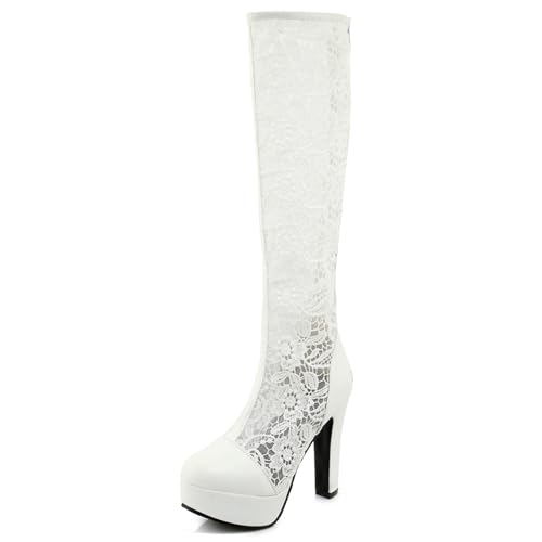 Gicoiz Damen Sommer Höhe Ferse Hochzeit Mesh Kniehohe Stiefel Runde Zehen Bride Blockabsatz Plateau Spitze Booty Zip Weiß Gr 36.5 EU-37Cn von Gicoiz