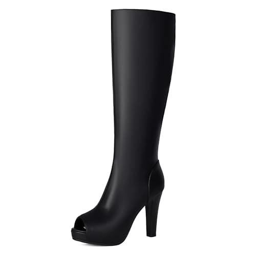 Gicoiz Damen Sommer Höhe Ferse Plateau Stiefeletten Peep Toe Mode Party Block Stiefel Knee High Riding Booty Zip Equestrian Schwarz Gr 33 EU von Gicoiz