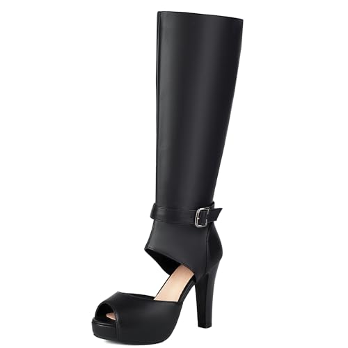 Gicoiz Damen Sommer Höhe Ferse Plateau Stiefeletten Peep Toe Mode Party Block Stiefel Knee High Riding Booty Zip Equestrian Schwarz Gr 37 EU-38Cn von Gicoiz