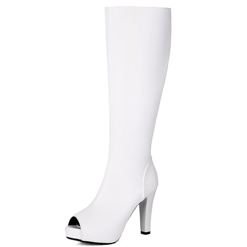 Gicoiz Damen Sommer Höhe Ferse Plateau Stiefeletten Peep Toe Mode Party Block Stiefel Knee High Riding Booty Zip Equestrian Weiß Gr 36 EU von Gicoiz