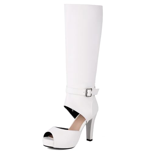 Gicoiz Damen Sommer Höhe Ferse Plateau Stiefeletten Peep Toe Mode Party Block Stiefel Knee High Riding Booty Zip Equestrian Weiß Gr 40 EU-41Cn von Gicoiz