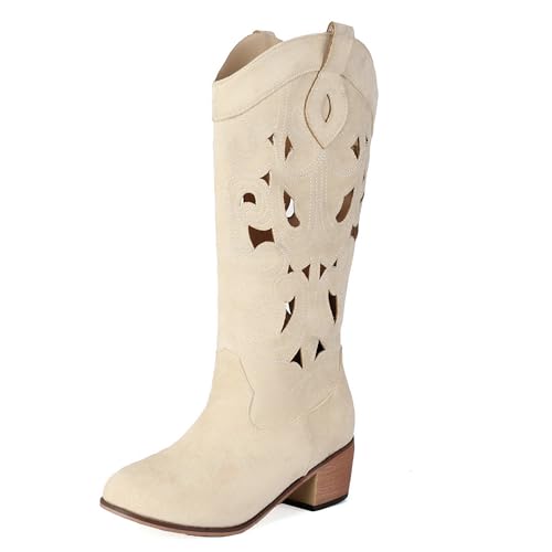 Gicoiz Damen Sommer Hollow Out Runde Zehen Komfort Reitstiefel Halbschaft Cowboy Retro Blockabsatz Western Mesh Booty Beige Gr 40.5 EU-42Cn von Gicoiz