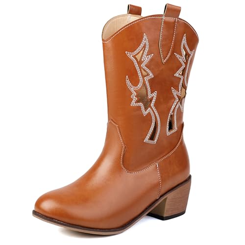 Gicoiz Damen Sommer Hollow Out Runde Zehen Komfort Reitstiefel Halbschaft Cowboy Retro Blockabsatz Western Mesh Booty Braun Gr 36.5 EU-37Cn von Gicoiz