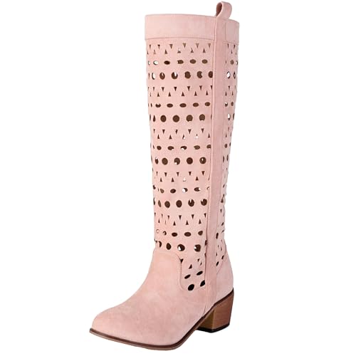 Gicoiz Damen Sommer Hollow Out Runde Zehen Komfort Reitstiefel Halbschaft Cowboy Retro Blockabsatz Western Mesh Booty Pink Gr 34 EU von Gicoiz