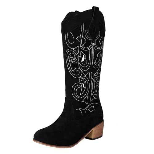 Gicoiz Damen Sommer Hollow Out Runde Zehen Komfort Reitstiefel Halbschaft Cowboy Retro Blockabsatz Western Mesh Booty Schwarz Gr 43 EU-45Cn von Gicoiz