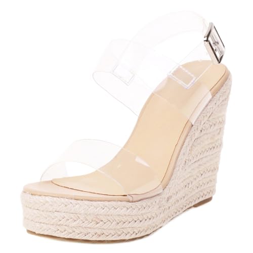 Gicoiz Damen Sommer Mode Espadrille Plateau Schnalle Keilabsatz Sandals Peep Toe Strand Komfort Knöchelriemchen Schnalle Höhe Ferse Bogen Aprikose Gr 38 EU-39Cn von Gicoiz