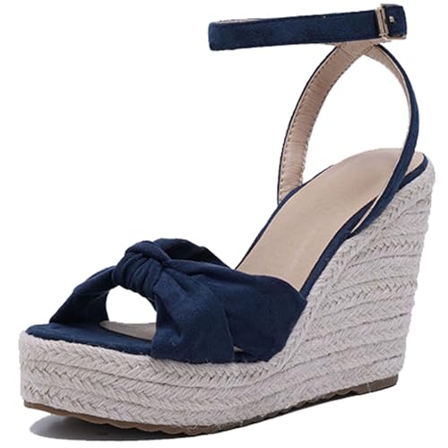 Gicoiz Damen Sommer Mode Espadrille Plateau Schnalle Keilabsatz Sandals Peep Toe Strand Komfort Knöchelriemchen Schnalle Höhe Ferse Bogen Blau Gr 40.5 EU-42Cn von Gicoiz